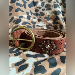 Brown Fossil leather & crystal belt